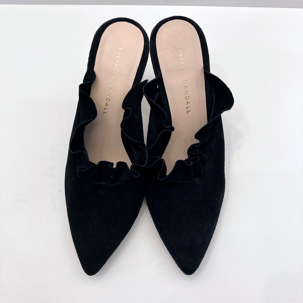 Loeffler Randall Ruffled Suede Mules Black Womens 8 B Stiletto Pointed Toe Shoes